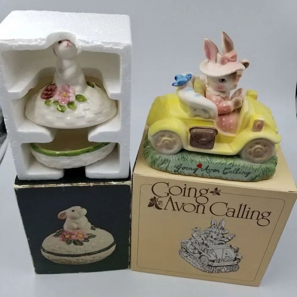 Vintage Avon Bunny Luv Trinket Dish Going Avon Calling Car Figurine Lot 2 New